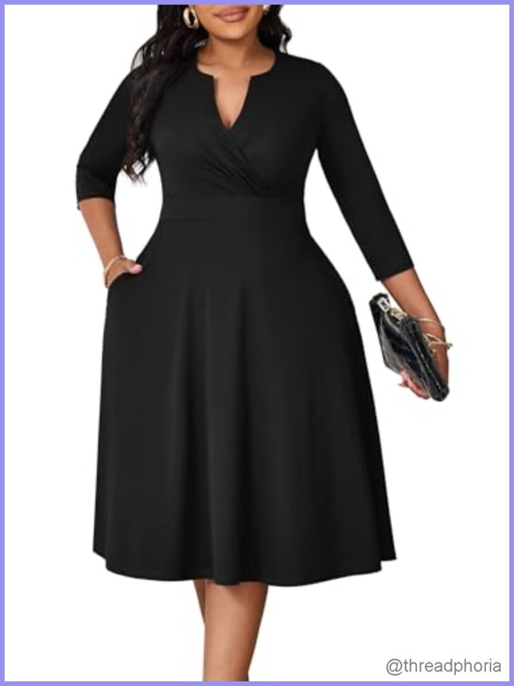 Plus Size Curvy A-Line Midi Dress V Neck 3/4 Sleeve Stretchy